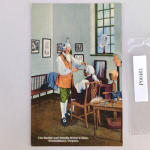 Barber & Peruke Wig Maker's Shop Williamsburg Virginia 1940s Linen Postcard 1950